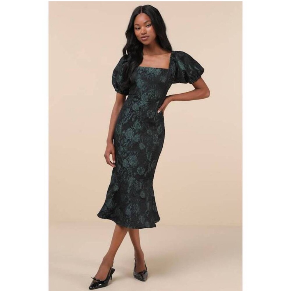 Lulus Majorly Fabulous Black Emerald Green Floral Trumpet Midi Dress - L - Picture 1 of 4